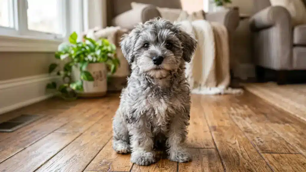 Miniature schnauzer poodle mix puppy sitting on wood floor with wavy gray coat