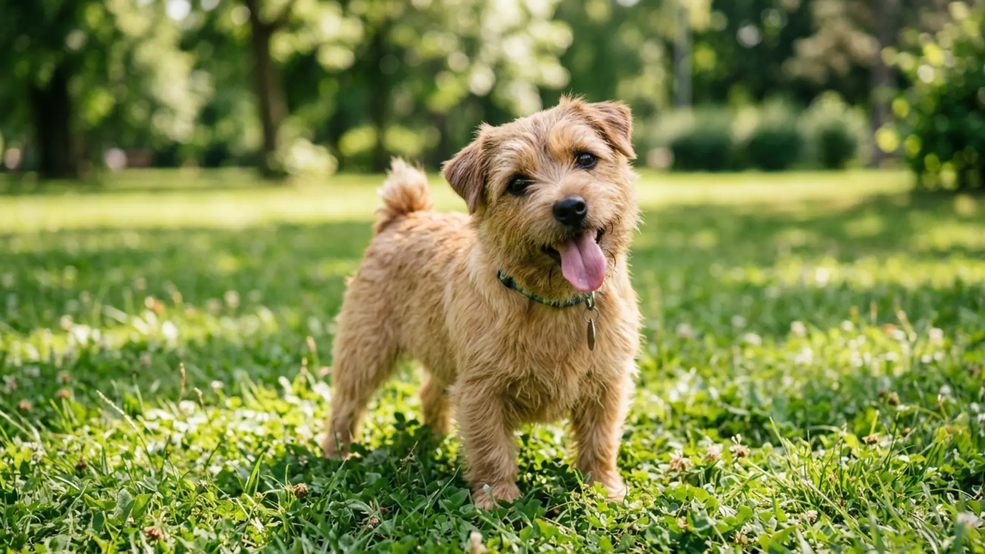 Norfolk Terrier standing on grass in a sunny park