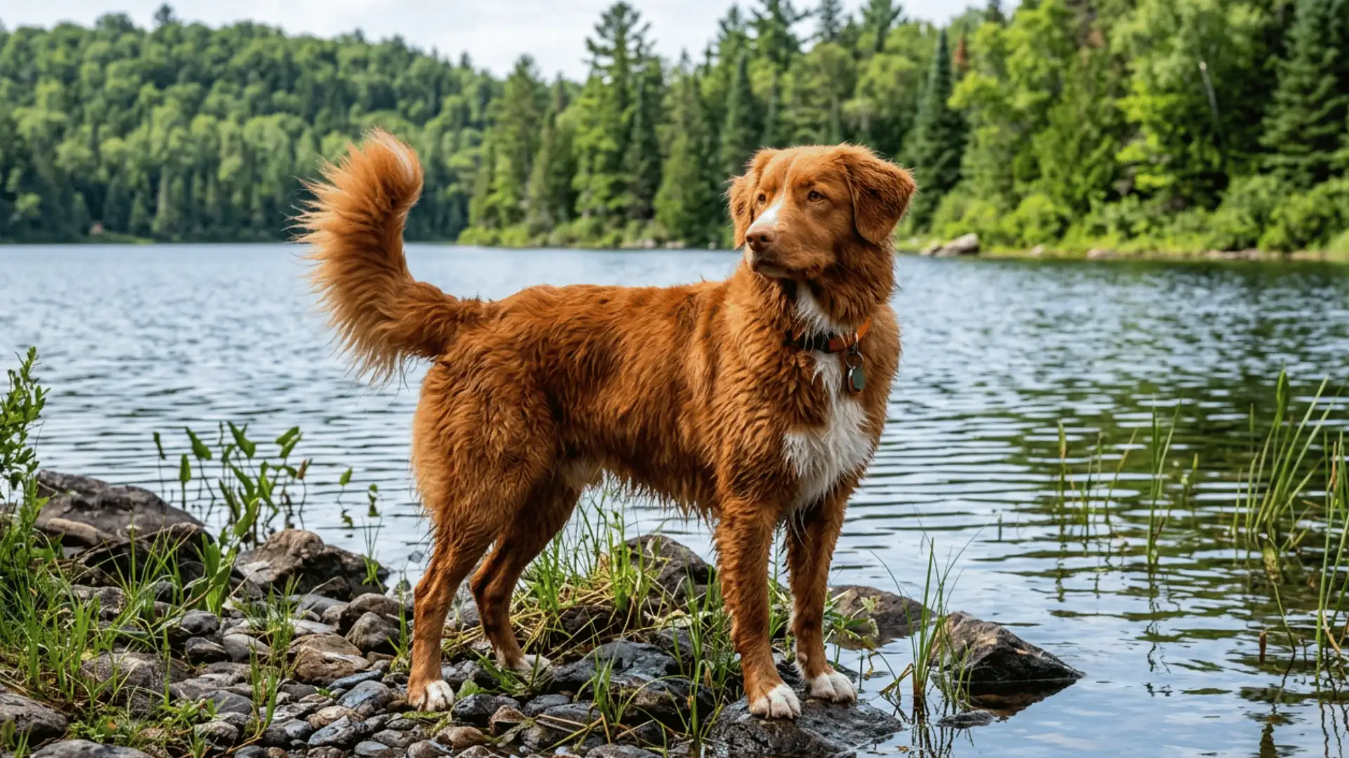 Nova Scotia duck tolling retriever standing near a lake with a reddish coat and alert expression