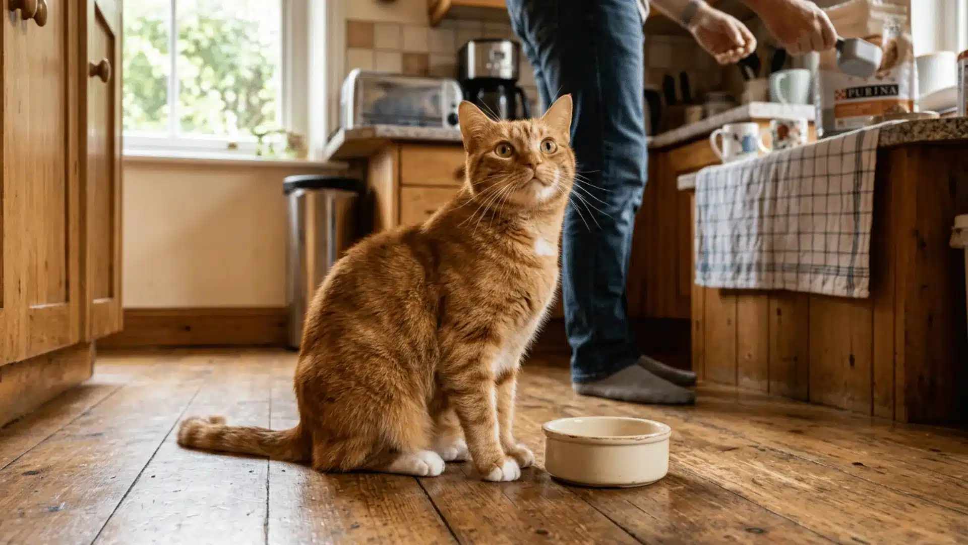 Orange cat looking up at owner beside empty bowl, solicitation purr behavior