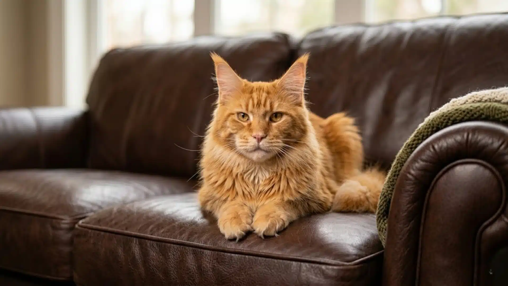 Orange Maine Coon cat sitting on a brown leather sofa in a cozy living room