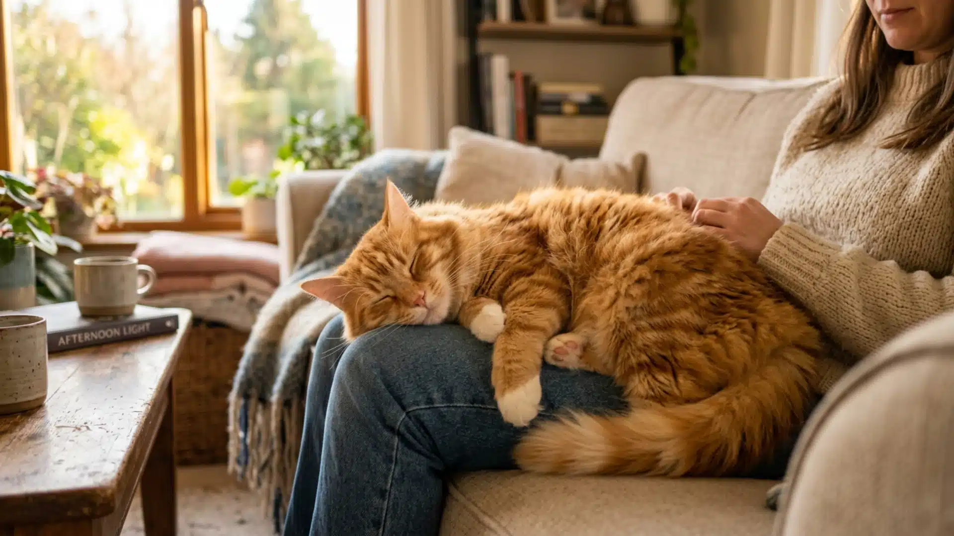 Orange male tabby cat sitting on owner's lap looking relaxed and affectionate indoors