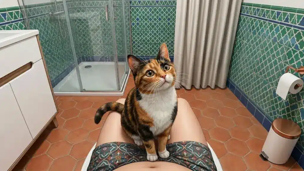 Orange tabby cat curled on owner's lap while they sit on toilet in a cozy bathroom