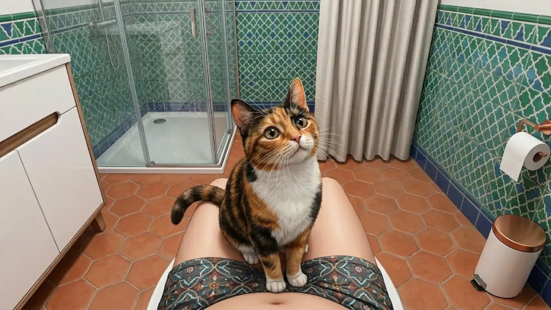 Orange tabby cat curled on owner's lap while they sit on toilet in a cozy bathroom