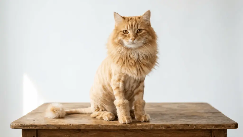 Orange tabby cat sitting on a wooden table