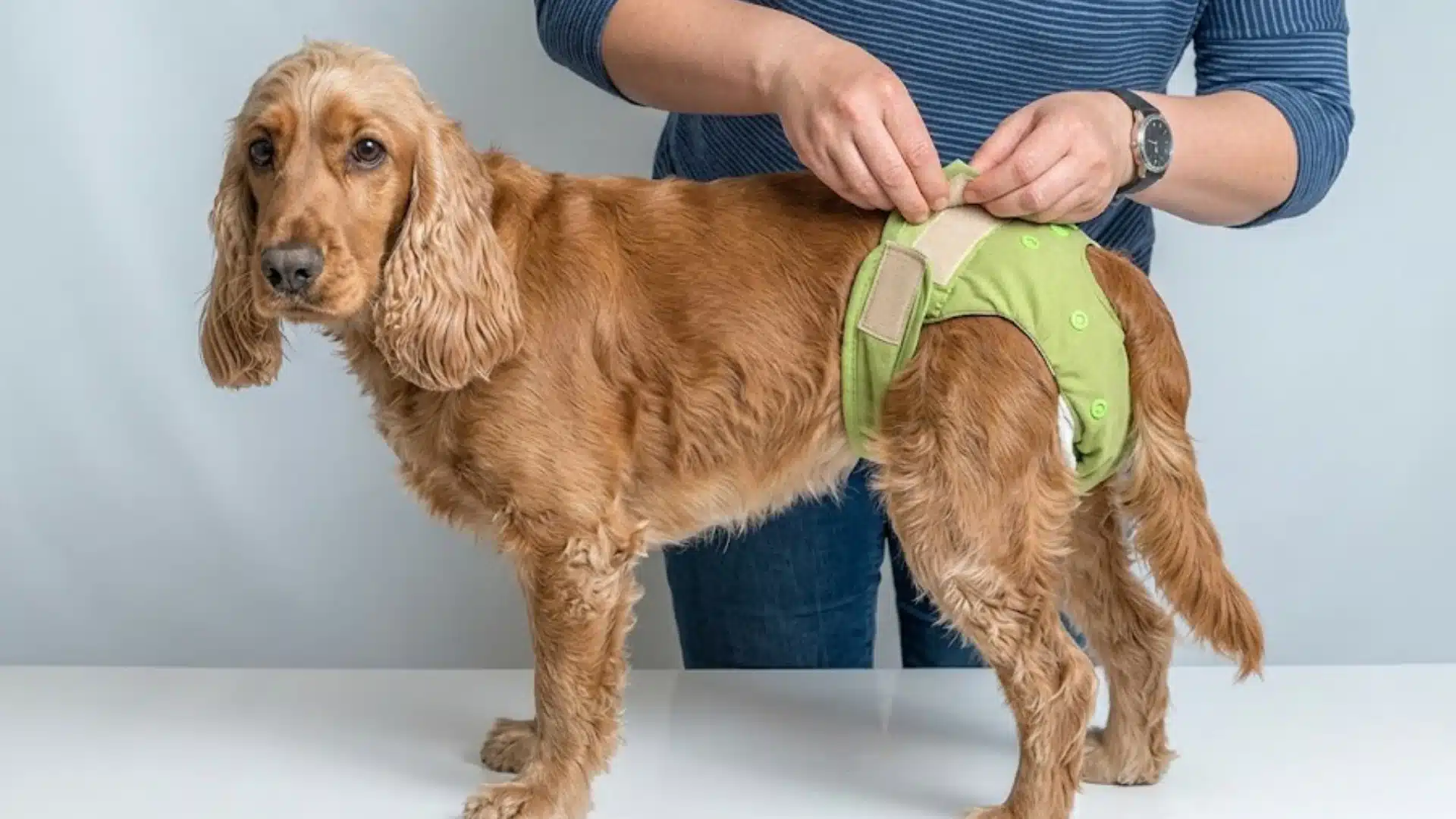 Owner adjusts green diaper on a cocker spaniel standing on a table during her heat cycle