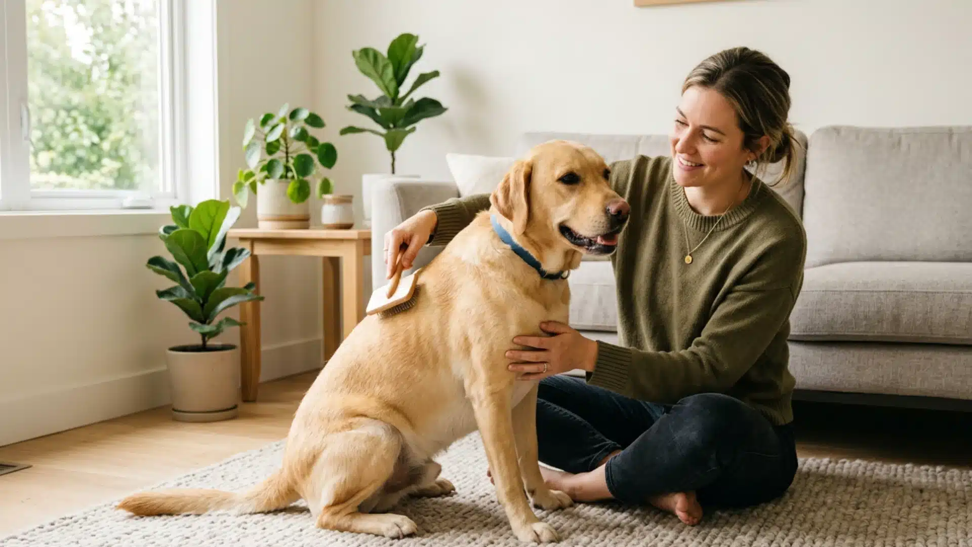 Owner brushing a yellow Labrador in a bright, minimal living room