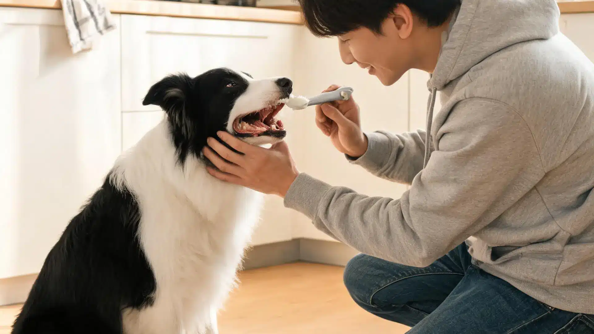 Owner brushing dog's teeth with finger brush using dog-safe toothpaste at home