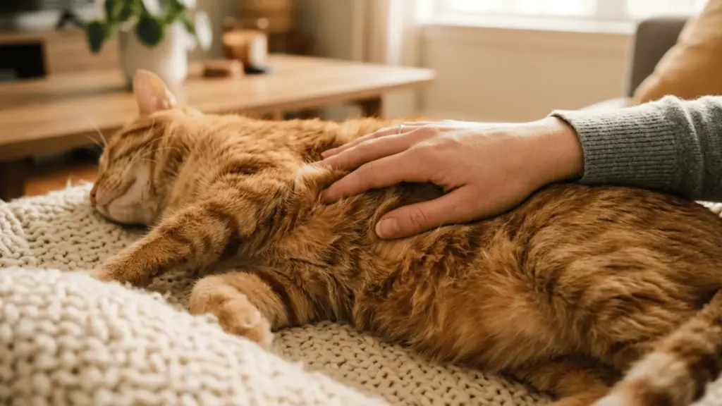 Owner's hand resting on purring cat's chest, illustrating cat purr healing vibrations