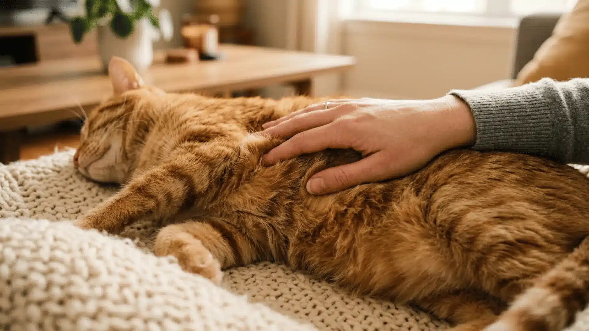 Owner's hand resting on purring cat's chest, illustrating cat purr healing vibrations