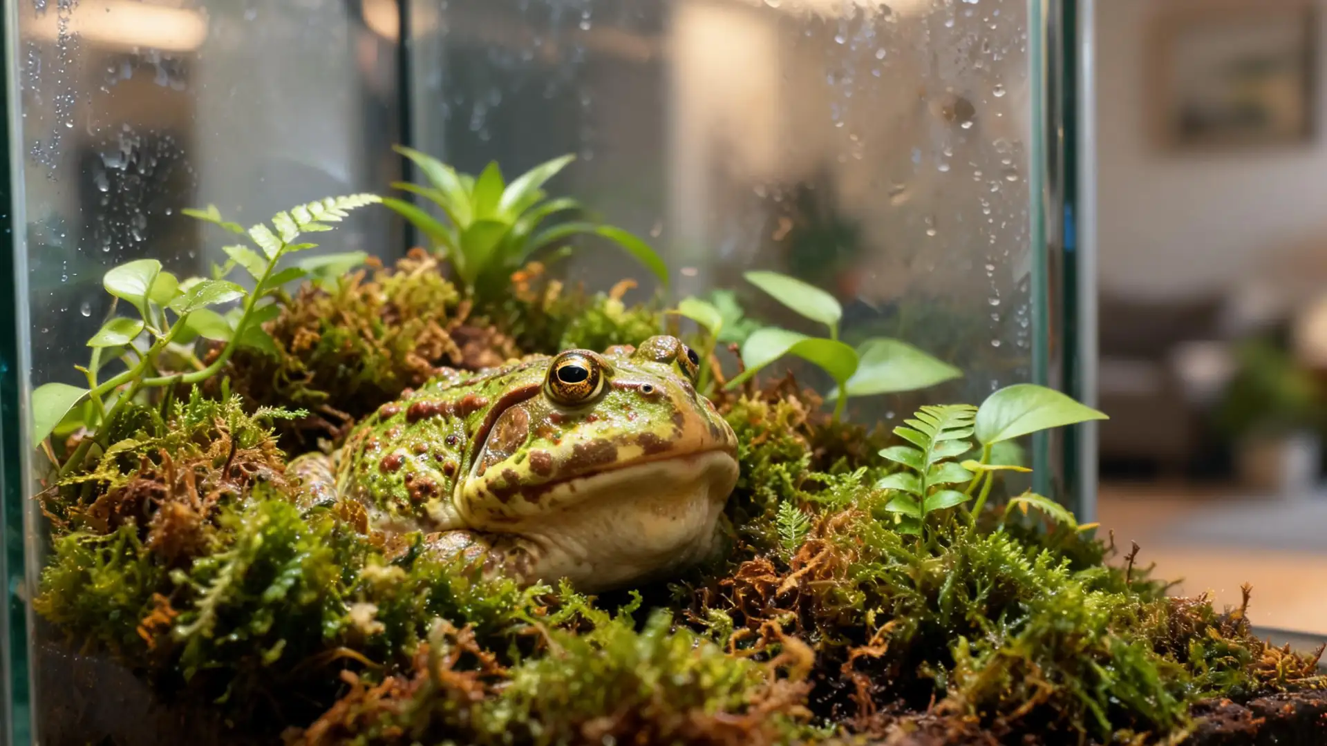 Pacman frog resting in a moss-filled terrarium with tropical plants inside a home setup