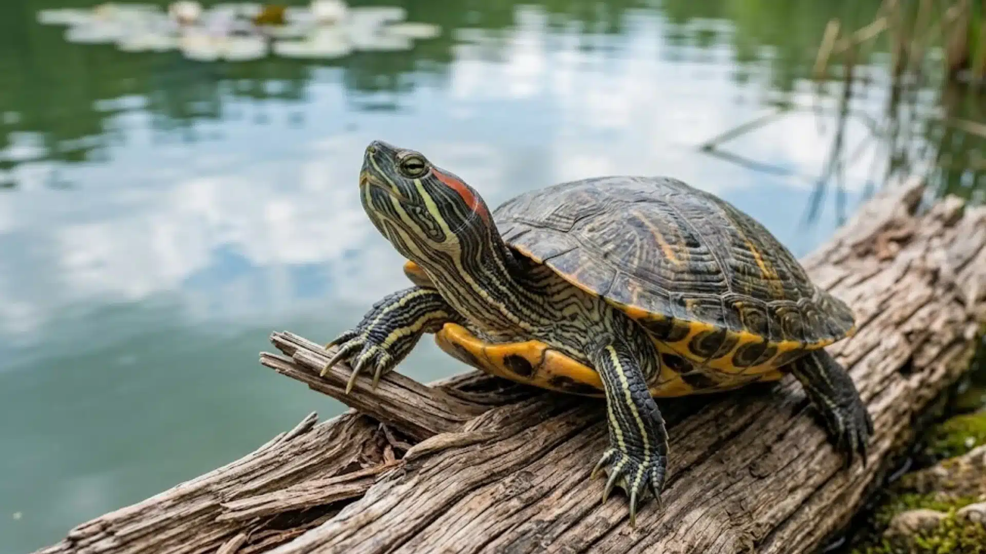 Painted turtle resting on a weathered log beside a calm pond with reeds and soft natural light