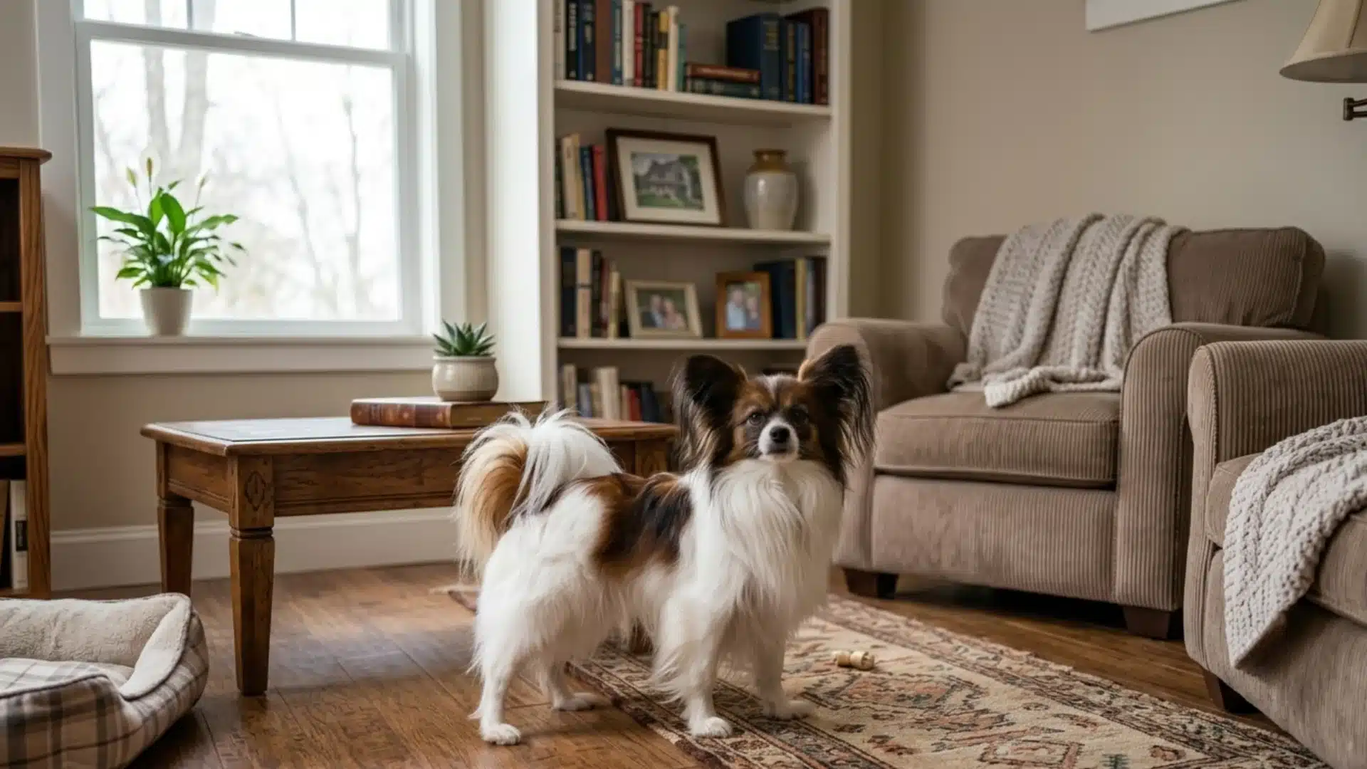 Papillon standing in a cozy living room