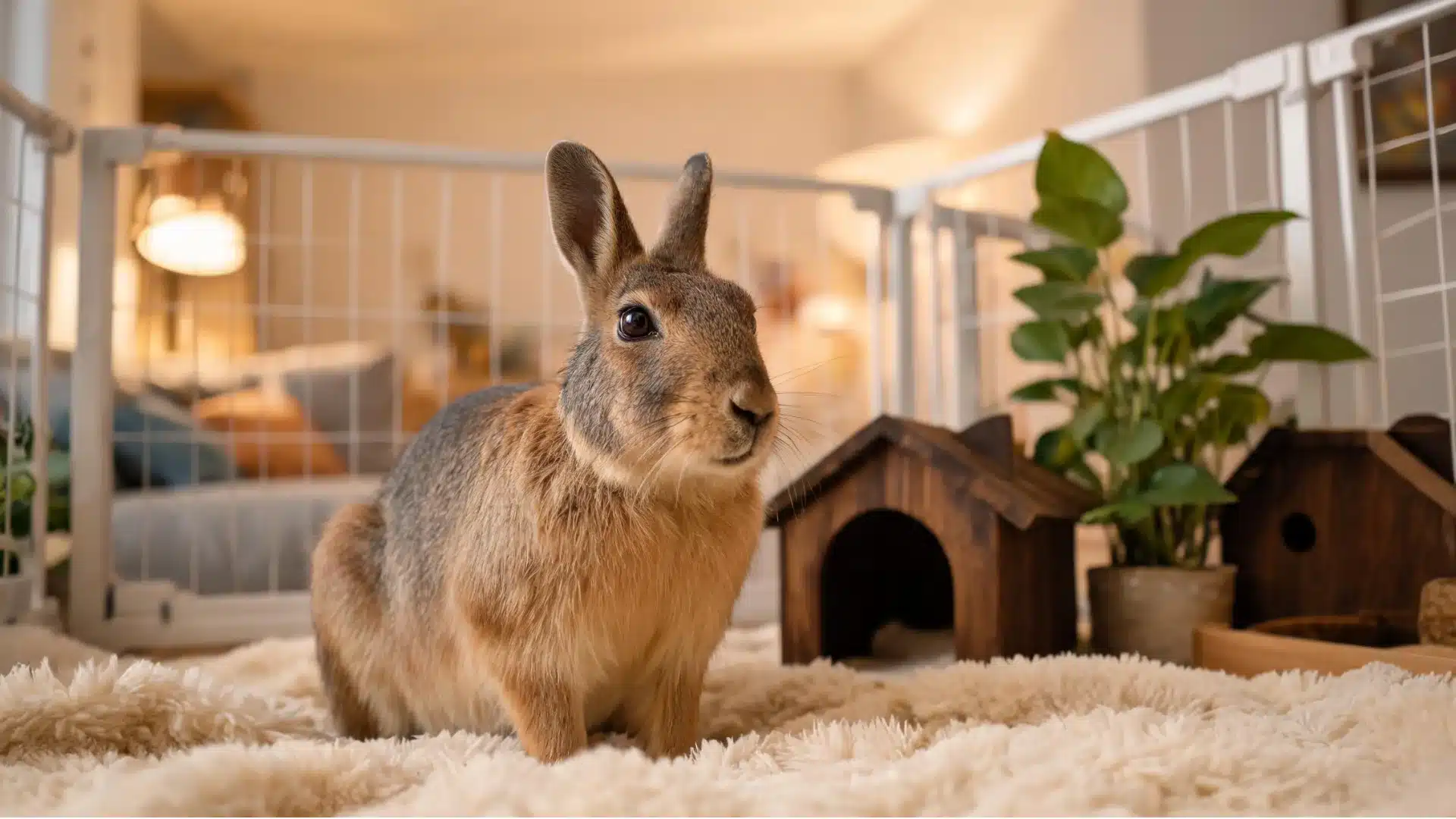 Patagonian mara resting on a soft rug inside a cozy indoor pet enclosure with warm lighting