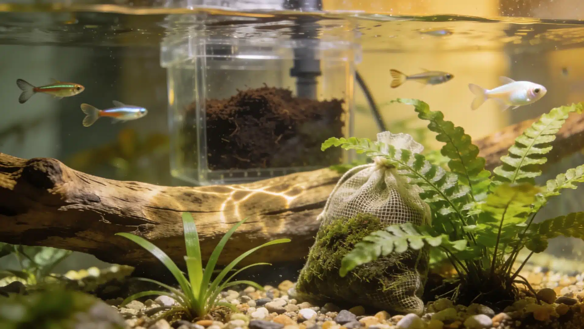 Peat moss in filter bag inside a planted freshwater aquarium to lower pH naturally