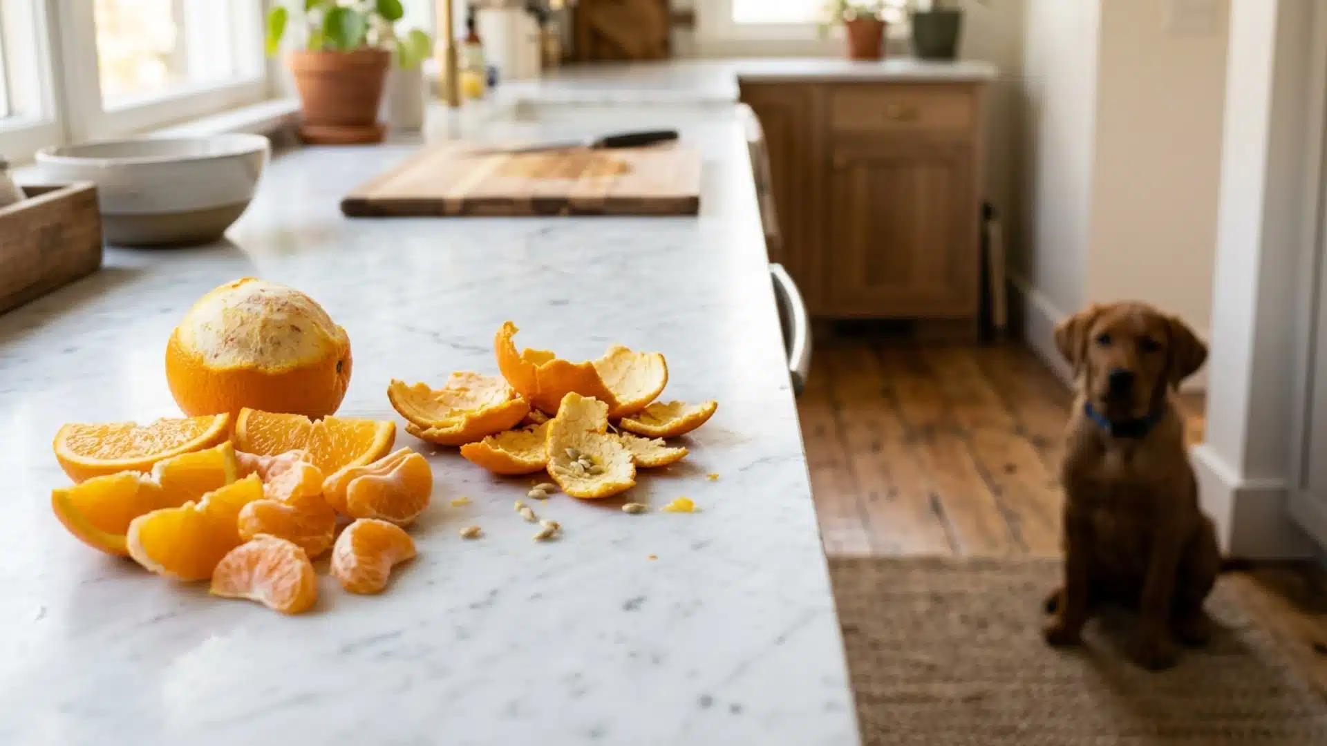 Peeled oranges and clementines on a kitchen counter with a dog waiting nearby