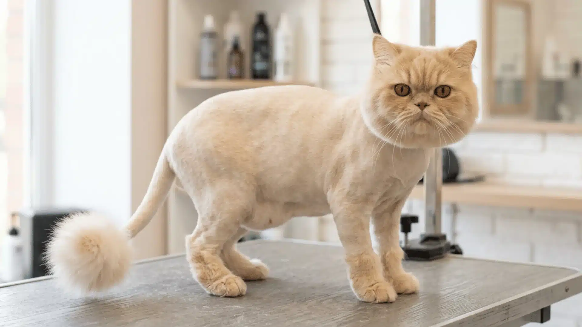 Persian cat with sleek no-mane lion cut and pom tail