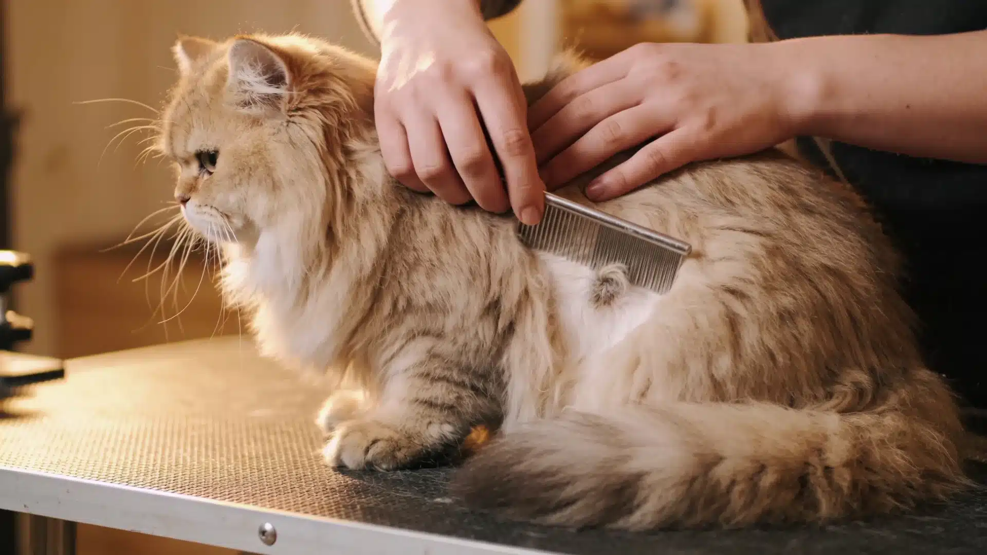 Persian cat being groomed at home with a metal comb to remove matted fur near the belly