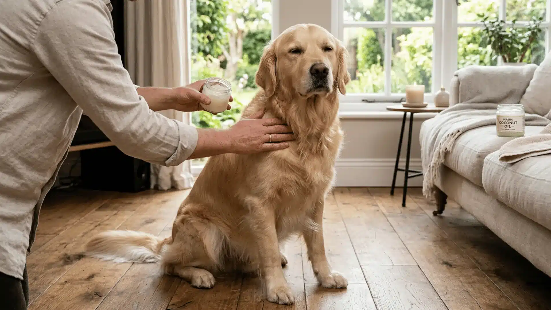 Person applying coconut oil to a golden retriever's coat during a home grooming session