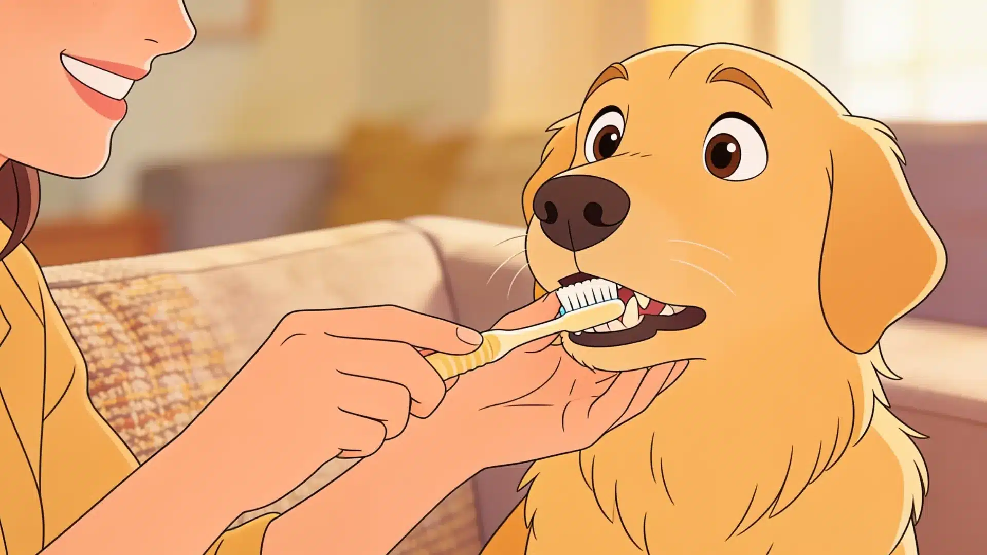 Person brushing a dog's teeth with a toothbrush at home.