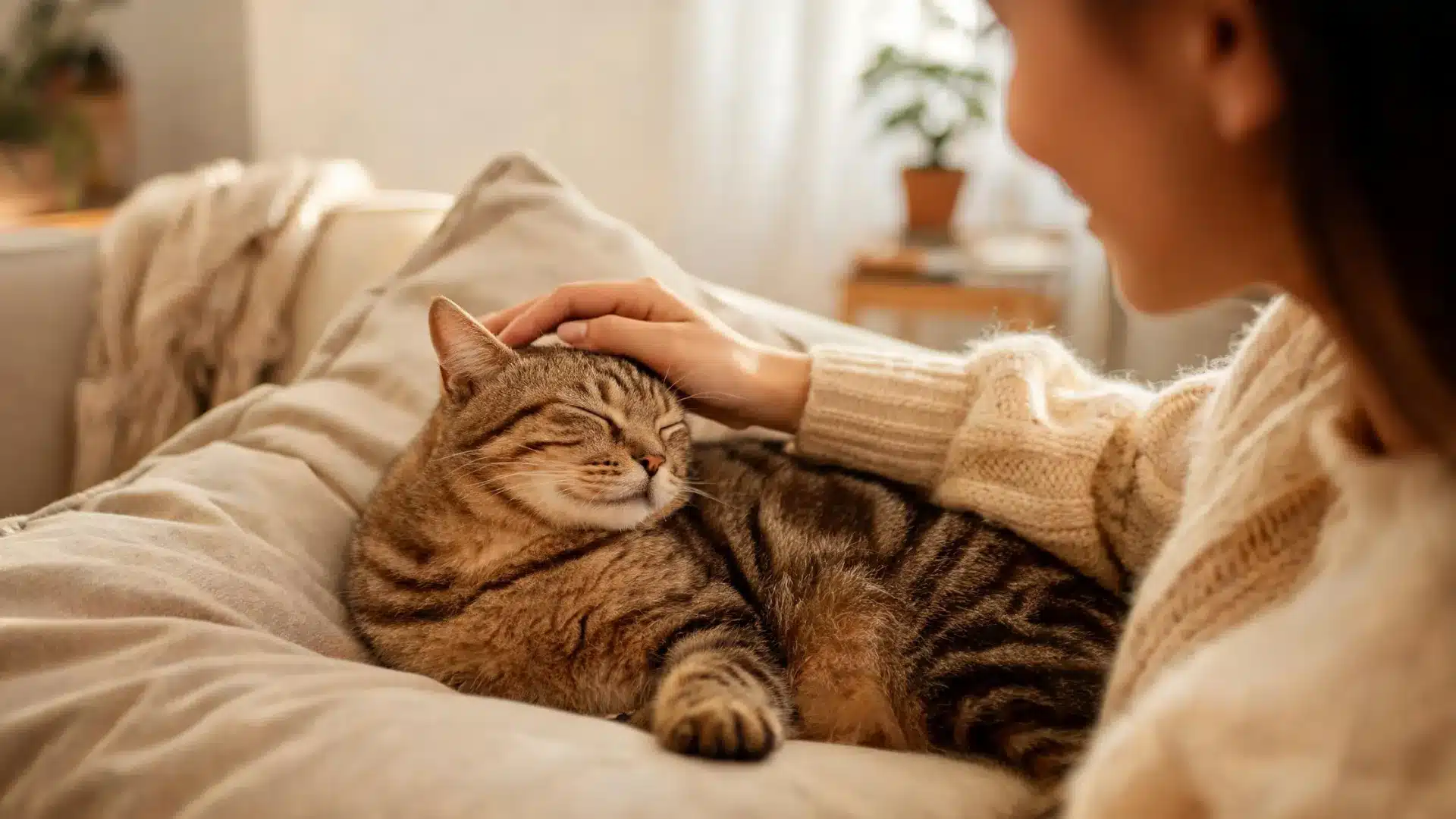 Person gently petting a relaxed tabby cat on a cozy bed