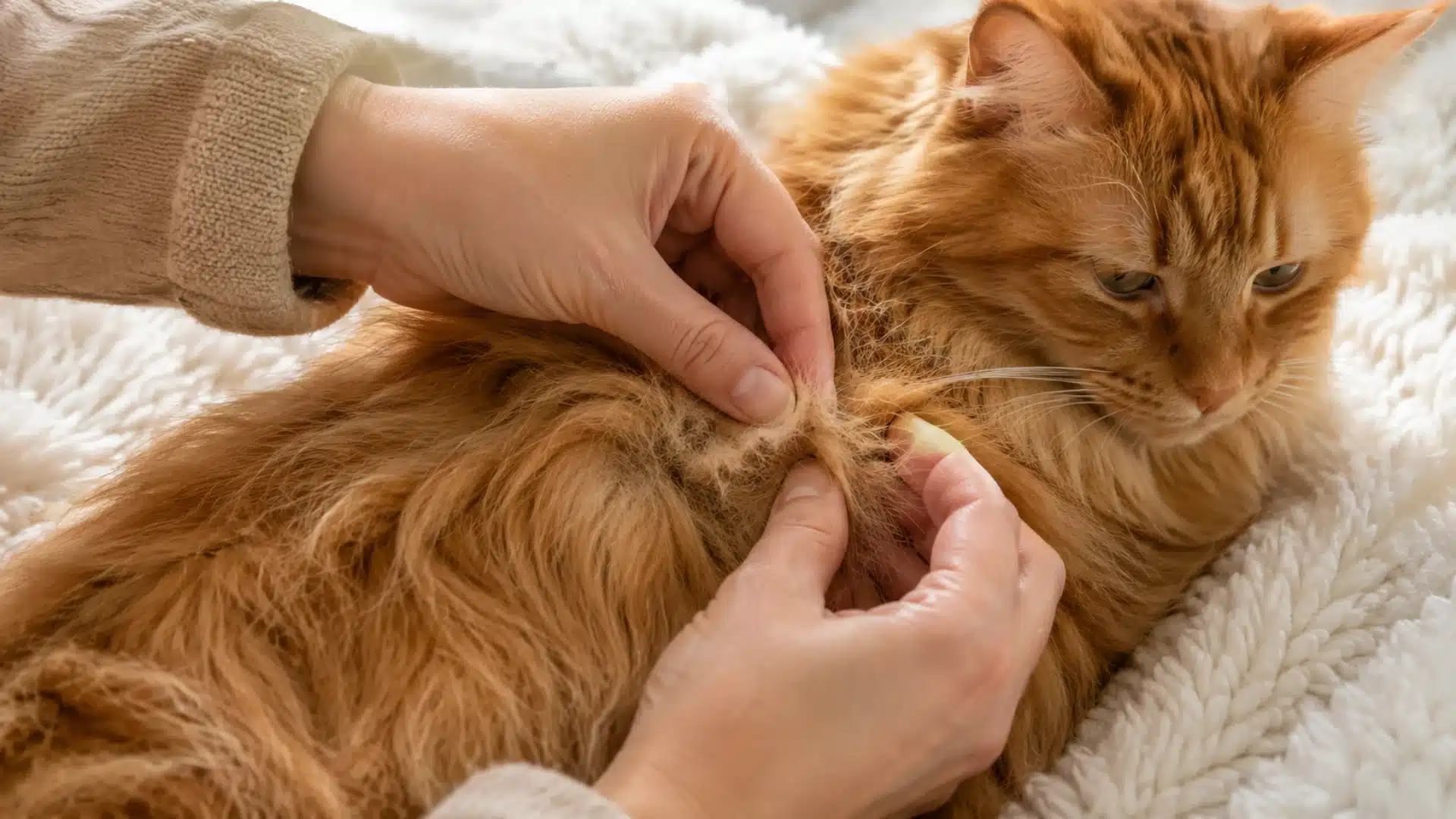 Person gently separating matted fur on a long-haired orange cat with their fingers