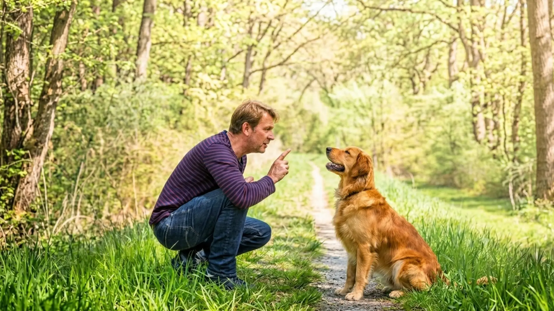 Person giving obedience training to a golden retriever in a wooded area