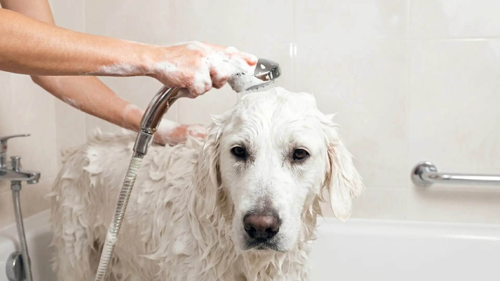 Person rinsing a wet white dog with a handheld shower during bath time at home