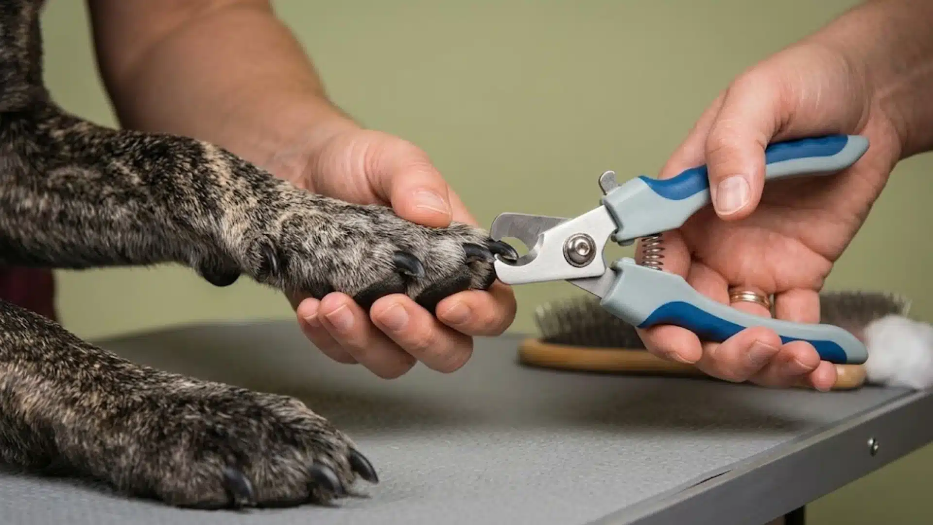 Person trims a speckled dog's front paw nails with clippers on a grooming table during nail care
