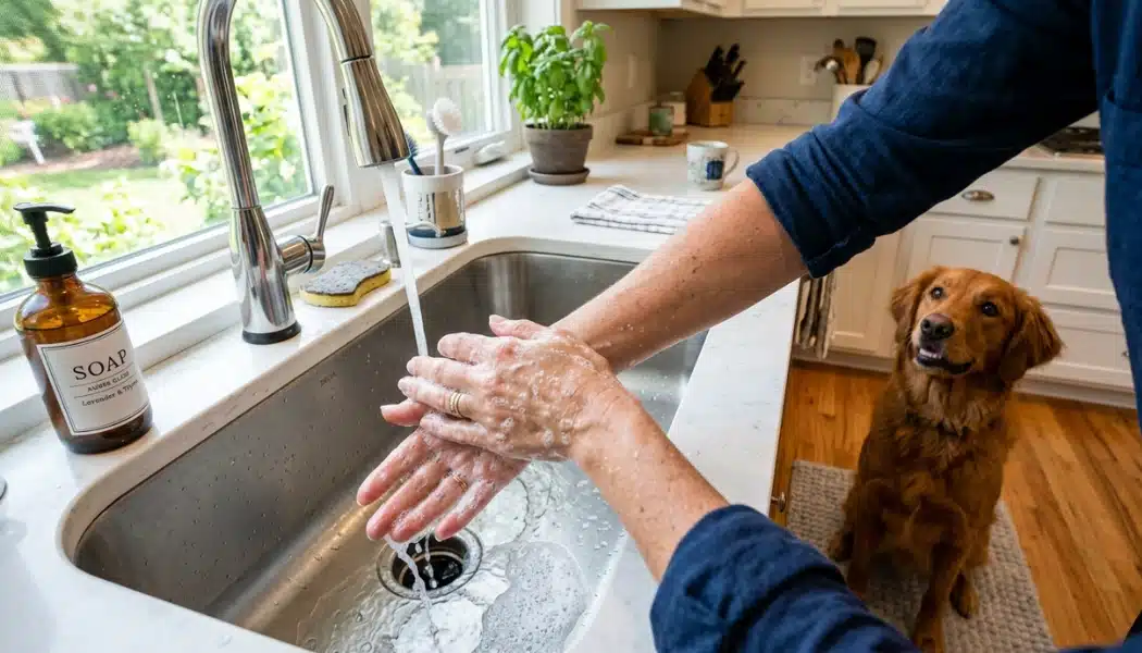 Person washing hands thoroughly with soap at the kitchen sink while their golden retriever dog sits nearby watching