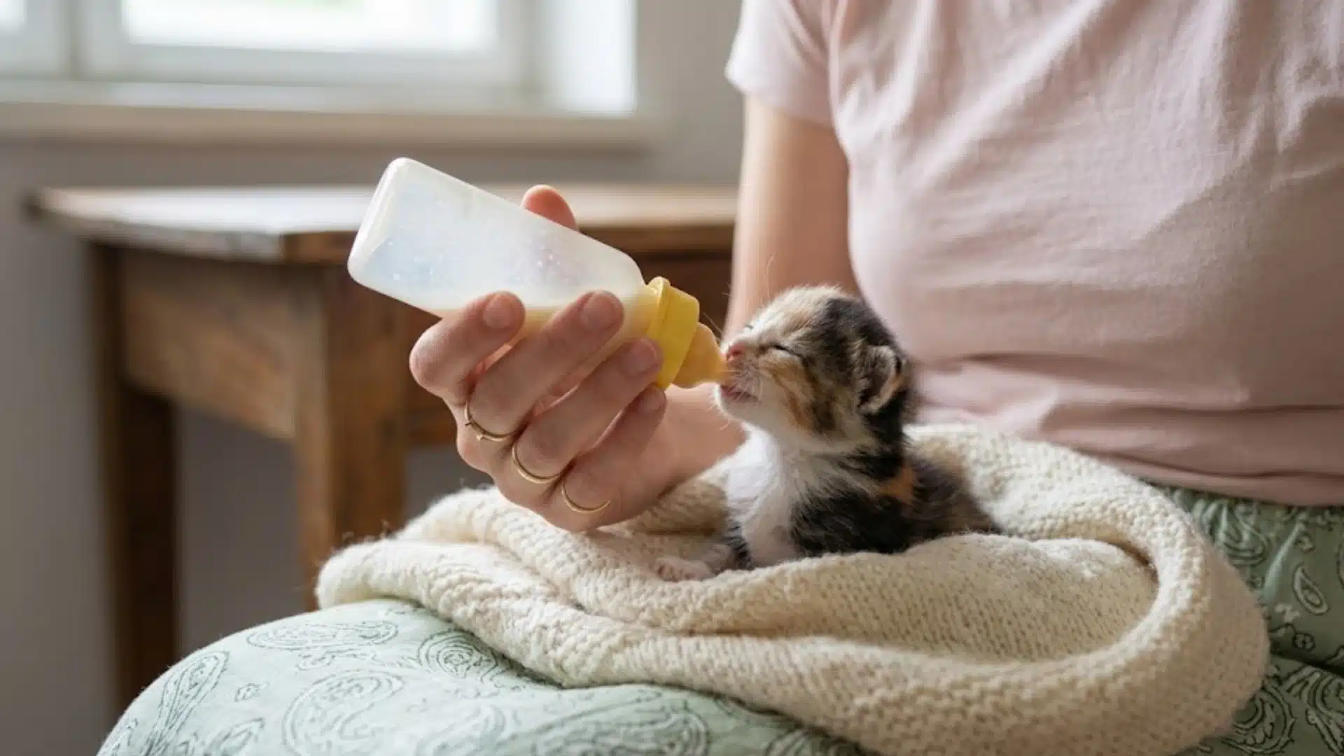 Person bottle-feeding a tiny kitten wrapped in a blanket, showing gentle care for a young cat at home