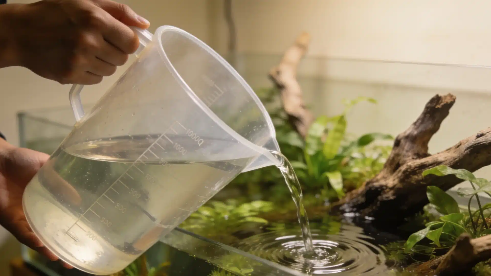 Person doing partial water change with RO water to lower pH in aquarium quickly