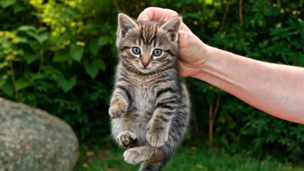 Person's hand holding a gray tabby kitten by the scruff, its body dangling against a green background.