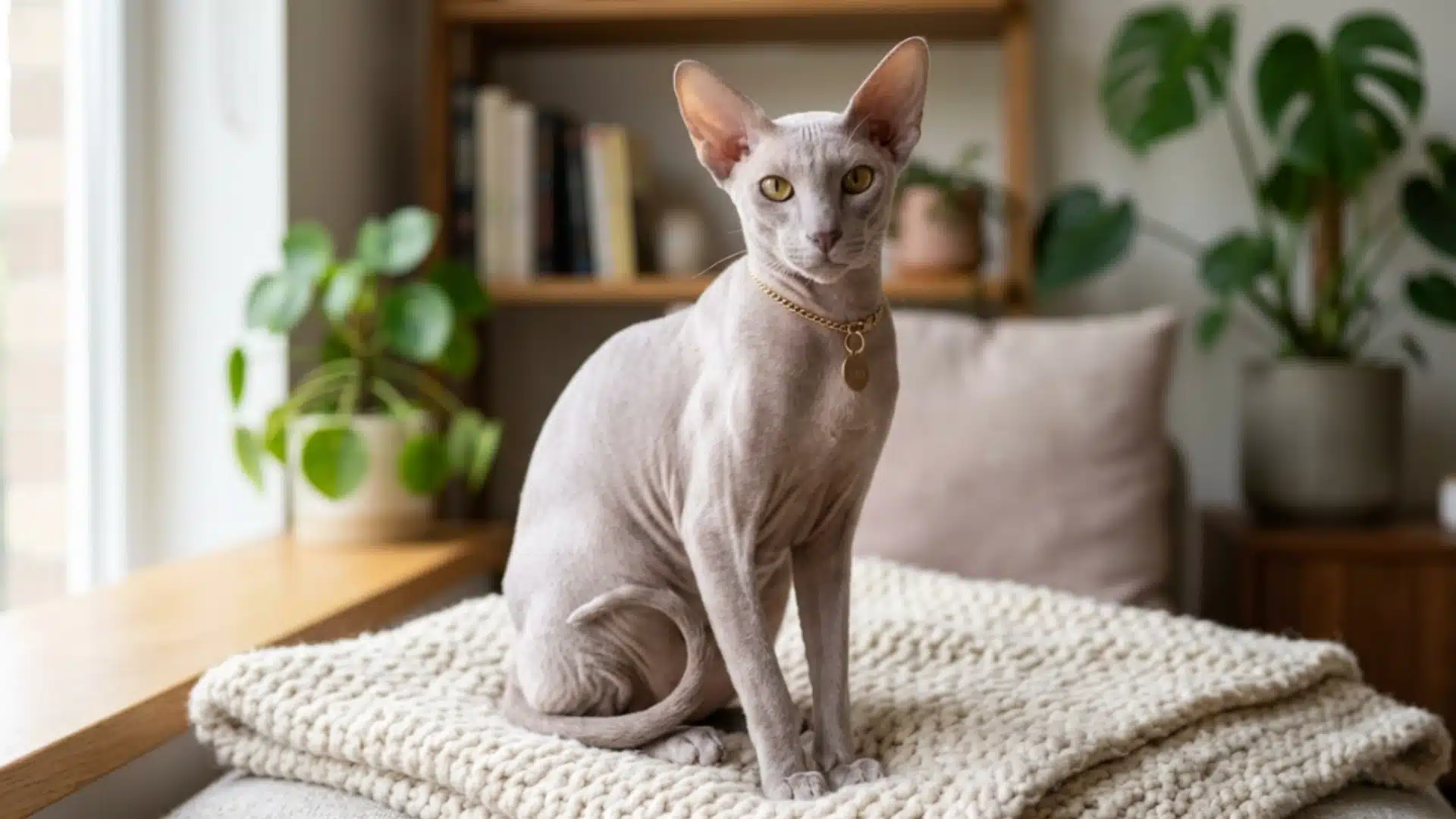 Peterbald cat sitting on blanket