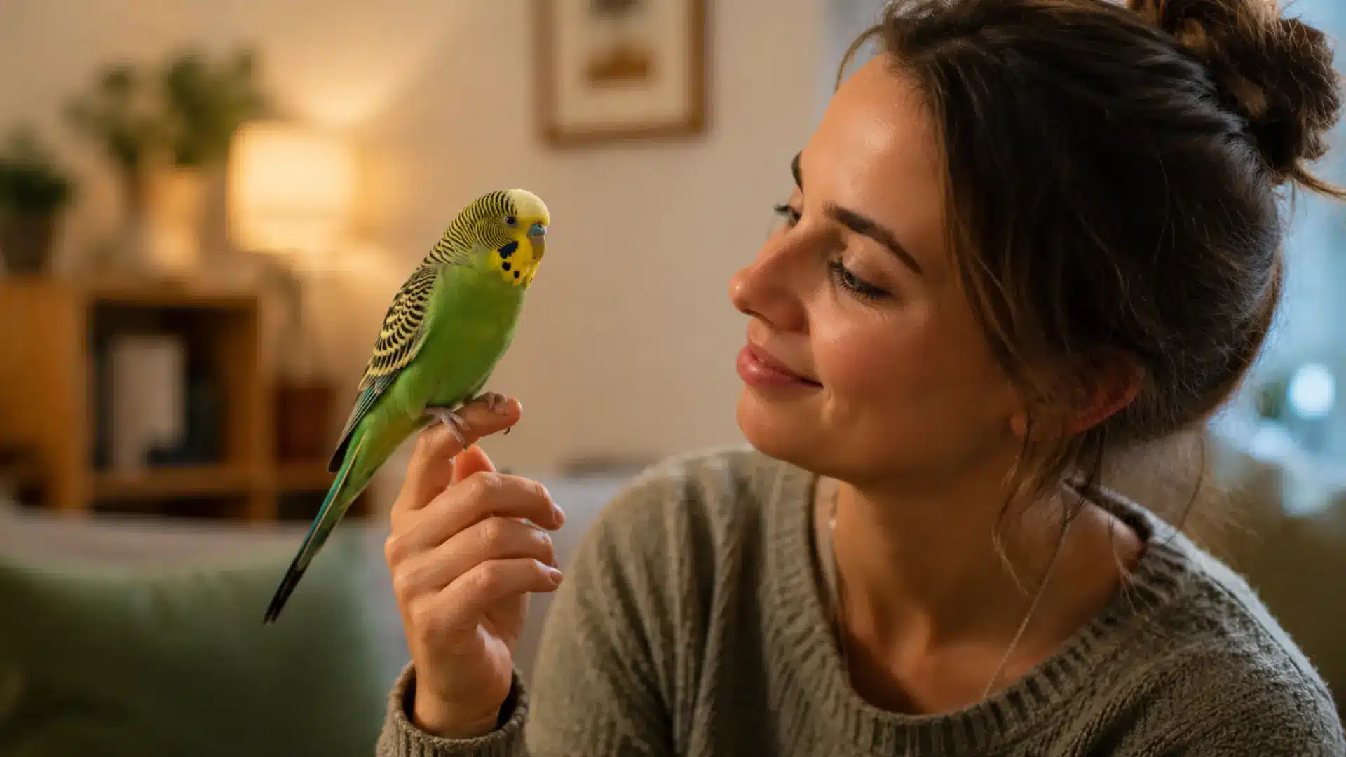 Pet owner gently holding a calm green budgie, showing the bond that supports a healthy budgie life expectancy.