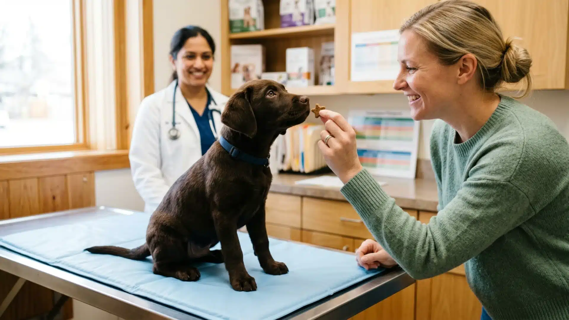 Pet owner giving a treat to a chocolate Labrador puppy sitting on a vet exam table during a checkup