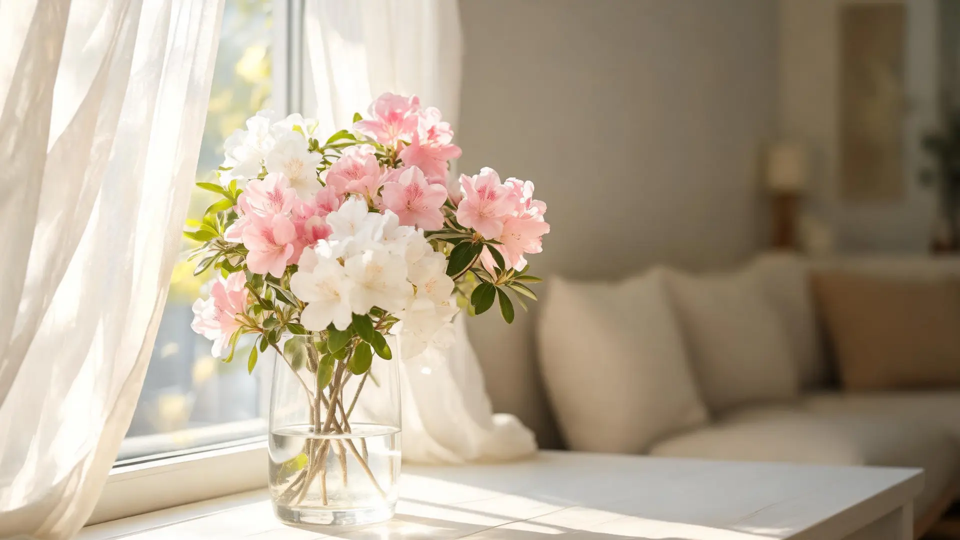 Pink and white azaleas in a glass vase by a sunny window in a cozy living room