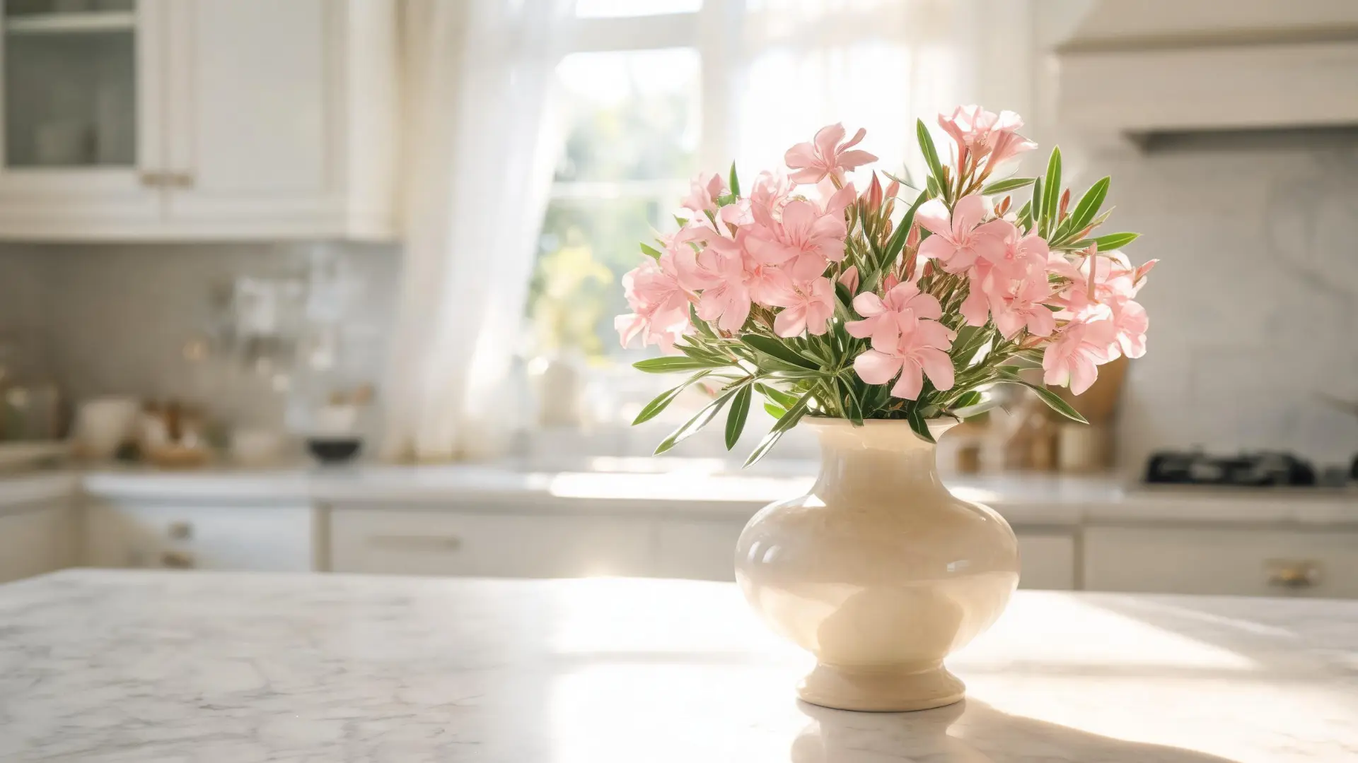 Pink oleander flowers in a cream vase on a sunlit kitchen island