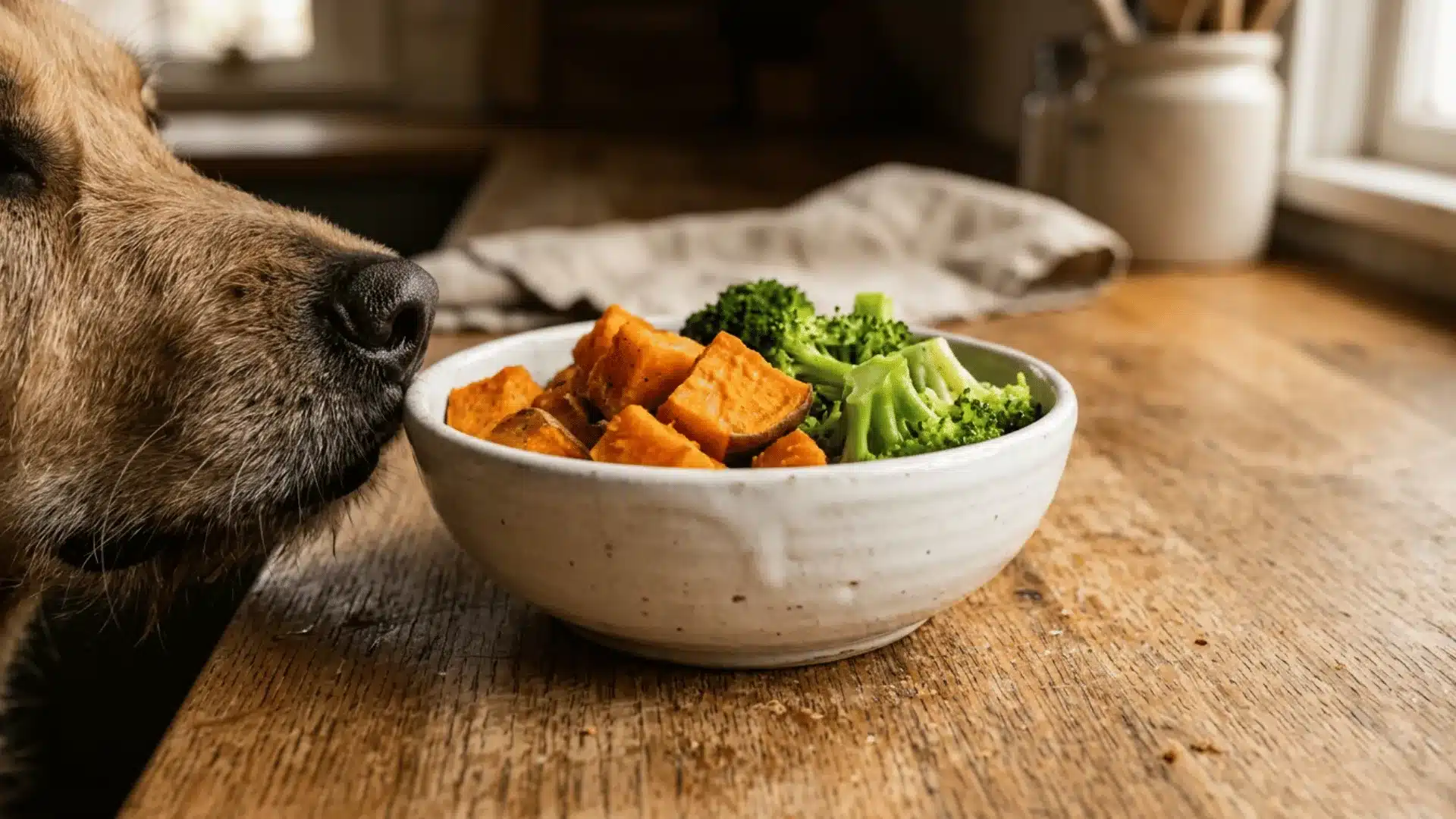 Plain cooked sweet potato and broccoli served safely as healthy vegetables for dogs