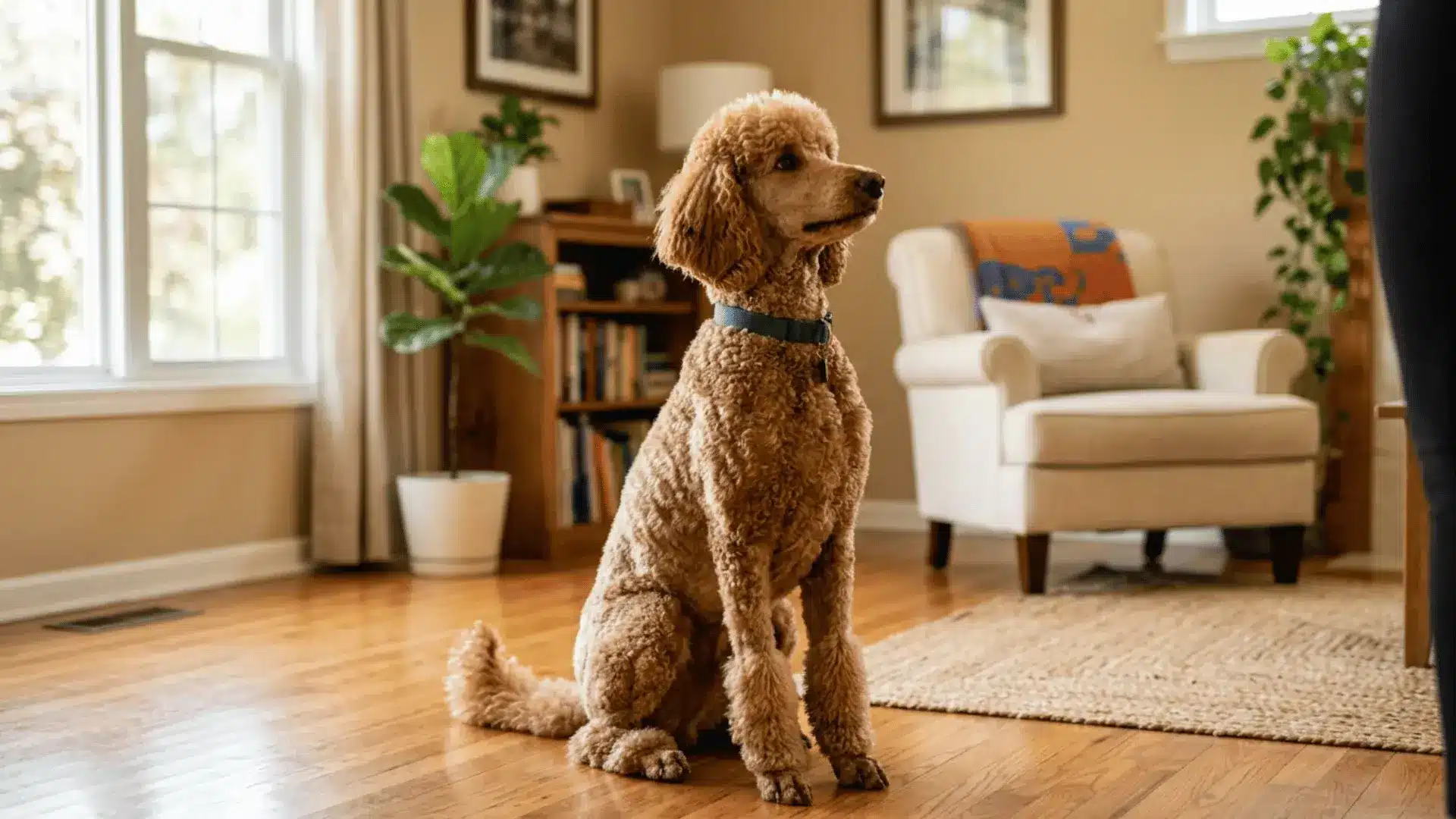 Poodle sitting attentively in a living room, showing focused expression