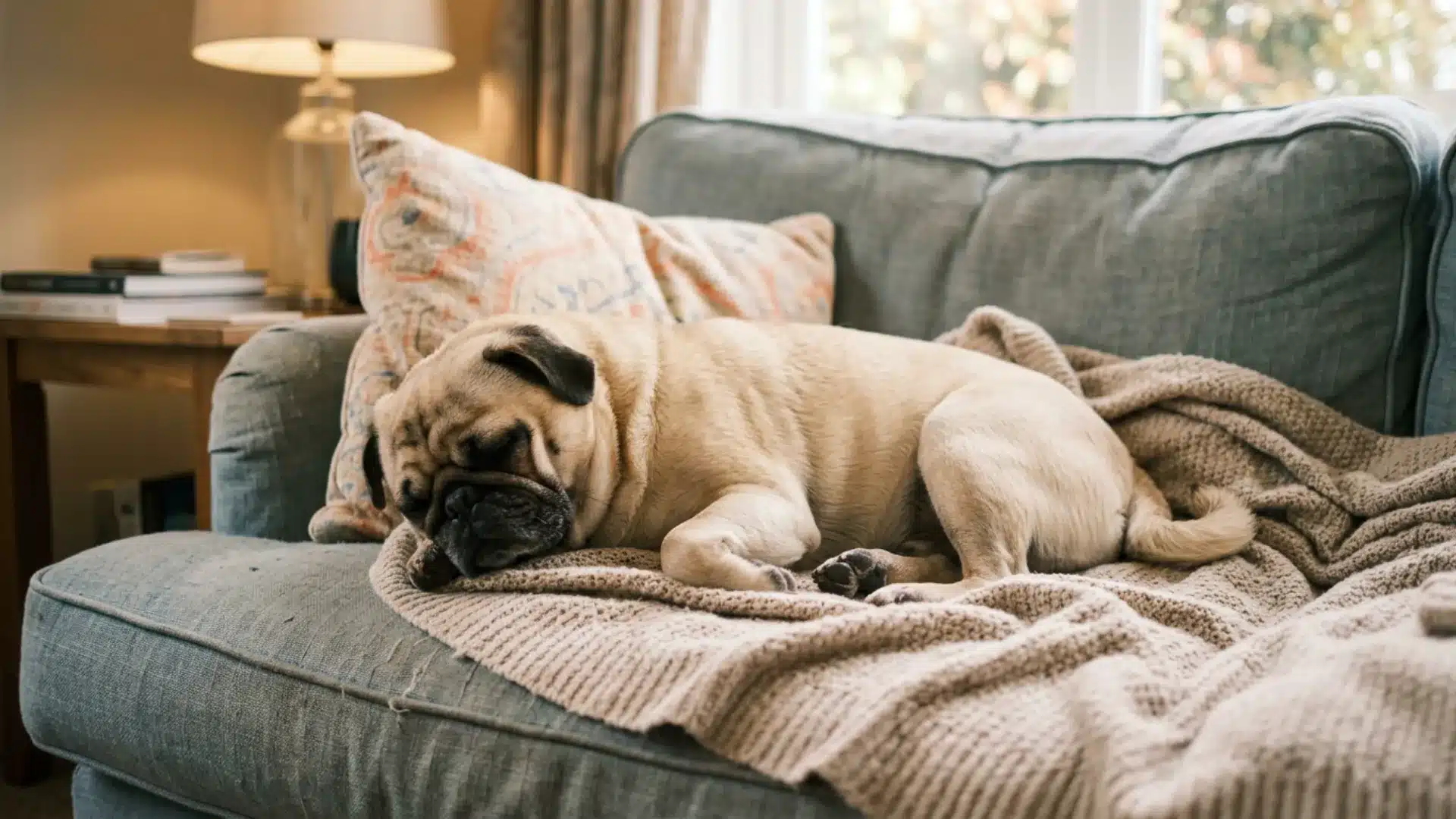 Pug sleeping on a couch under a blanket in a cozy living room