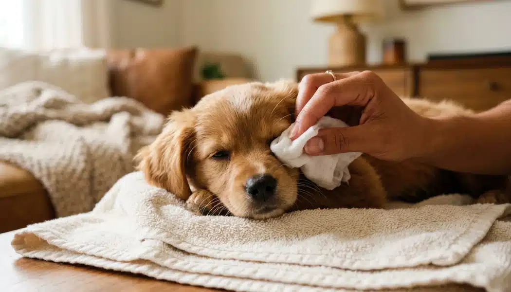 Puppy getting its eye gently wiped