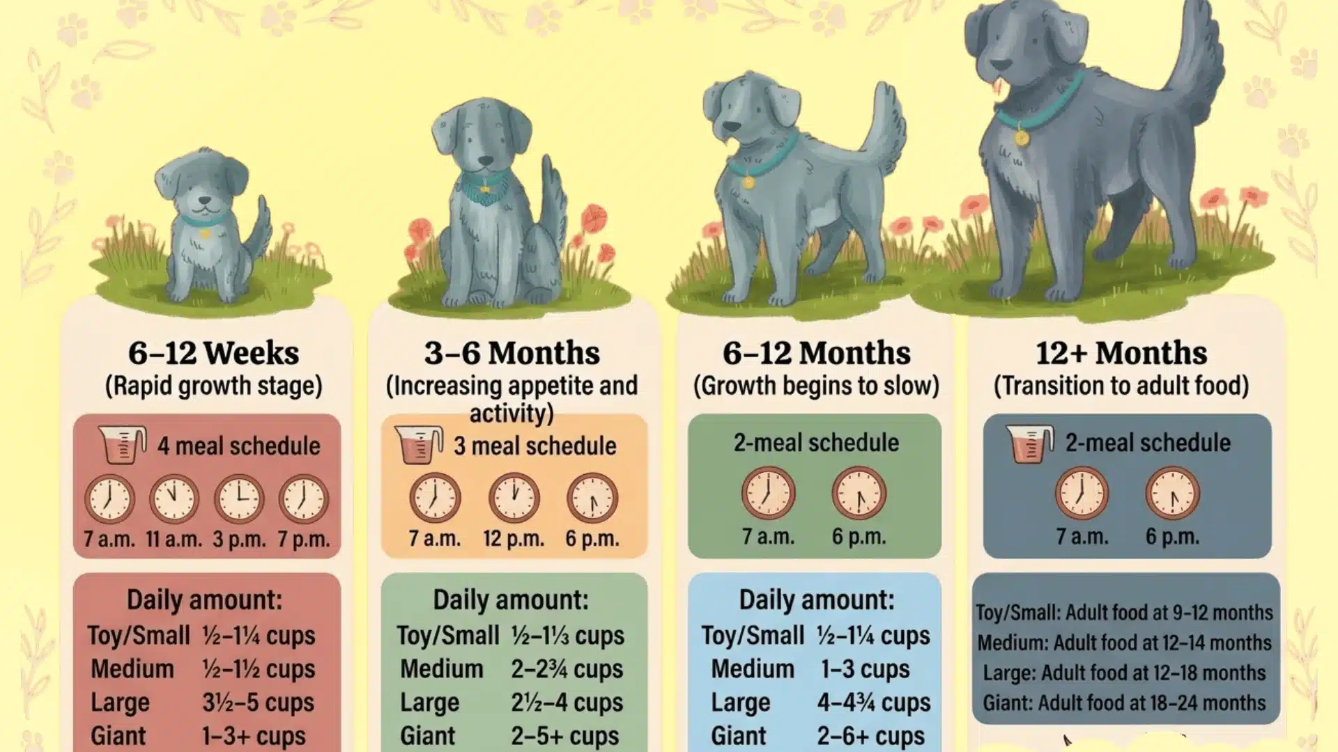 Puppy feeding chart showing meal schedules and food portions by age, breed size, and growth stage from 6 weeks to 12+ months