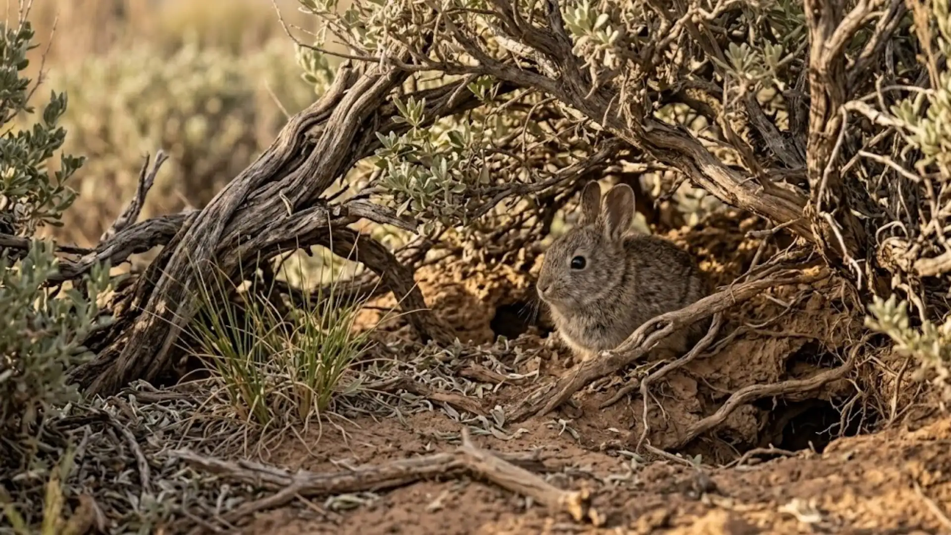 Pygmy rabbit hiding under dense sagebrush in a dry scrubland habitat with sandy soil and tangled branches