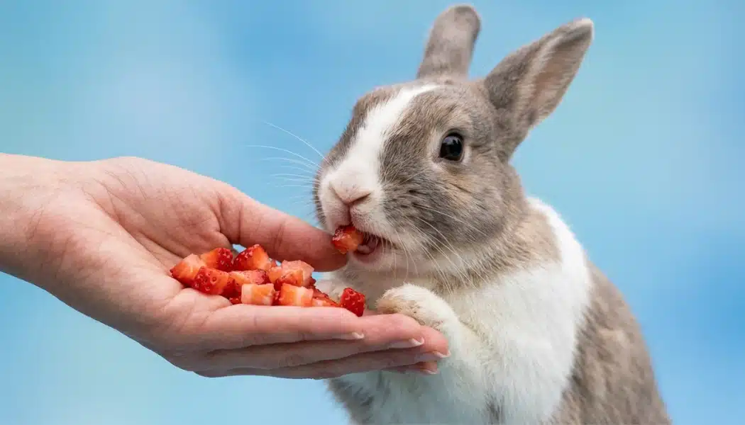 Rabbit eating strawberry pieces from a hand