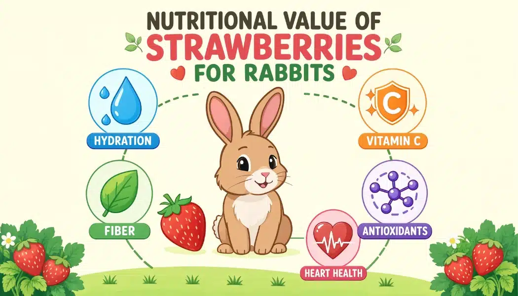 Rabbit nutrition infographic showing strawberries’ benefits with icons for hydration, vitamin C, fiber, antioxidants, and heart health