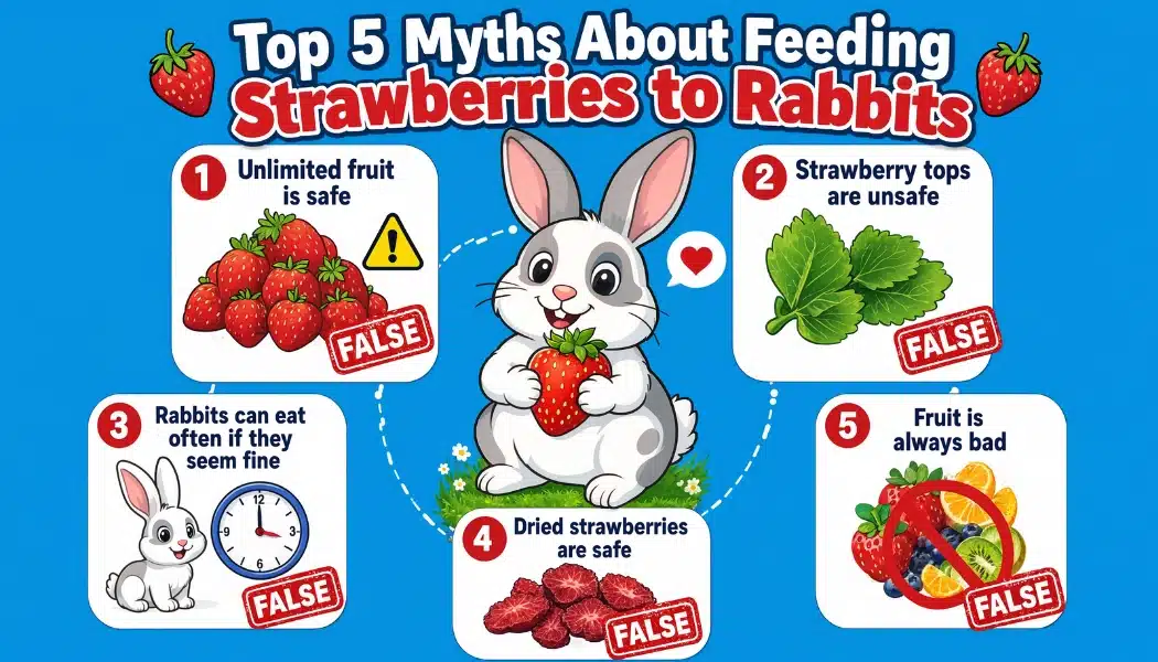 Rabbit strawberry myths infographic with cartoon rabbits and “FALSE” labels