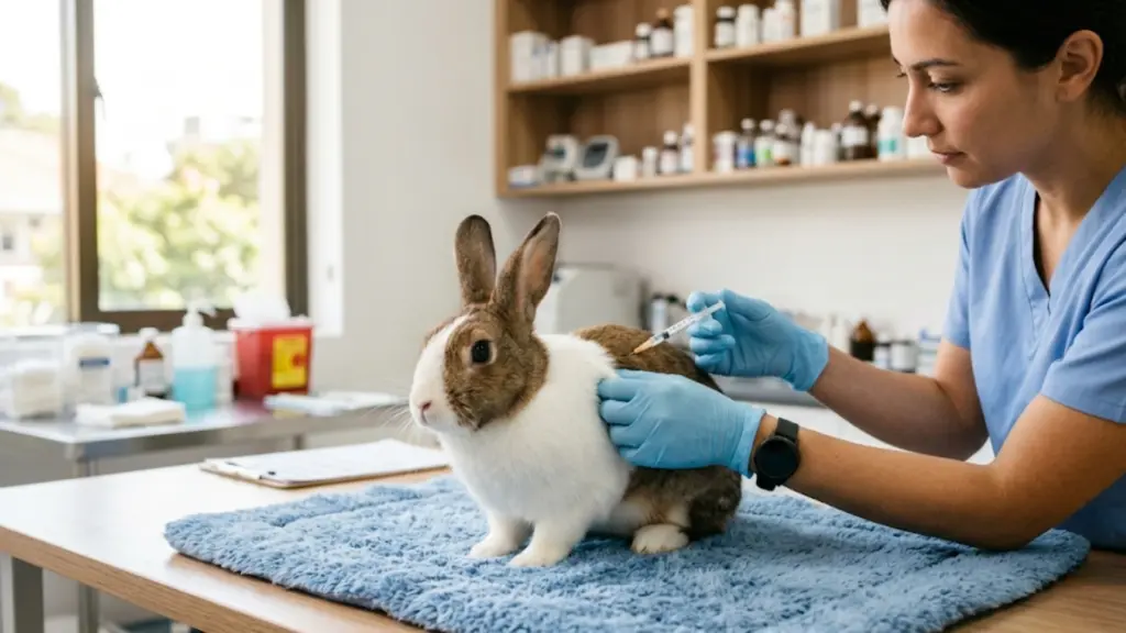 Rabbit vaccination at a vet clinic with a brown and white rabbit on a blue towel while a vet prepares a syringe