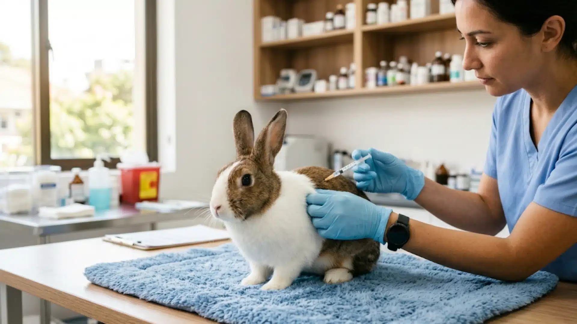 Rabbit vaccination at a vet clinic with a brown and white rabbit on a blue towel while a vet prepares a syringe