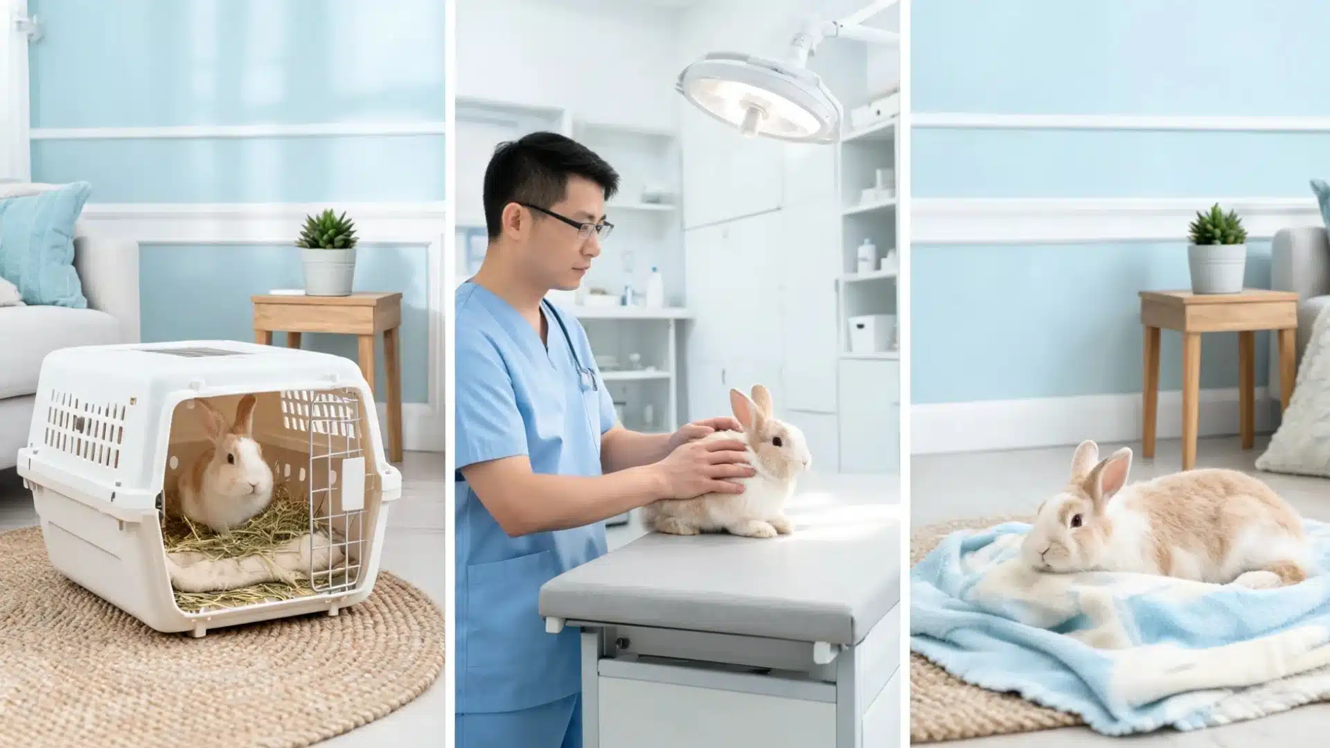 Rabbit vaccination process showing carrier prep, vet health check, and calm recovery at home after the visit